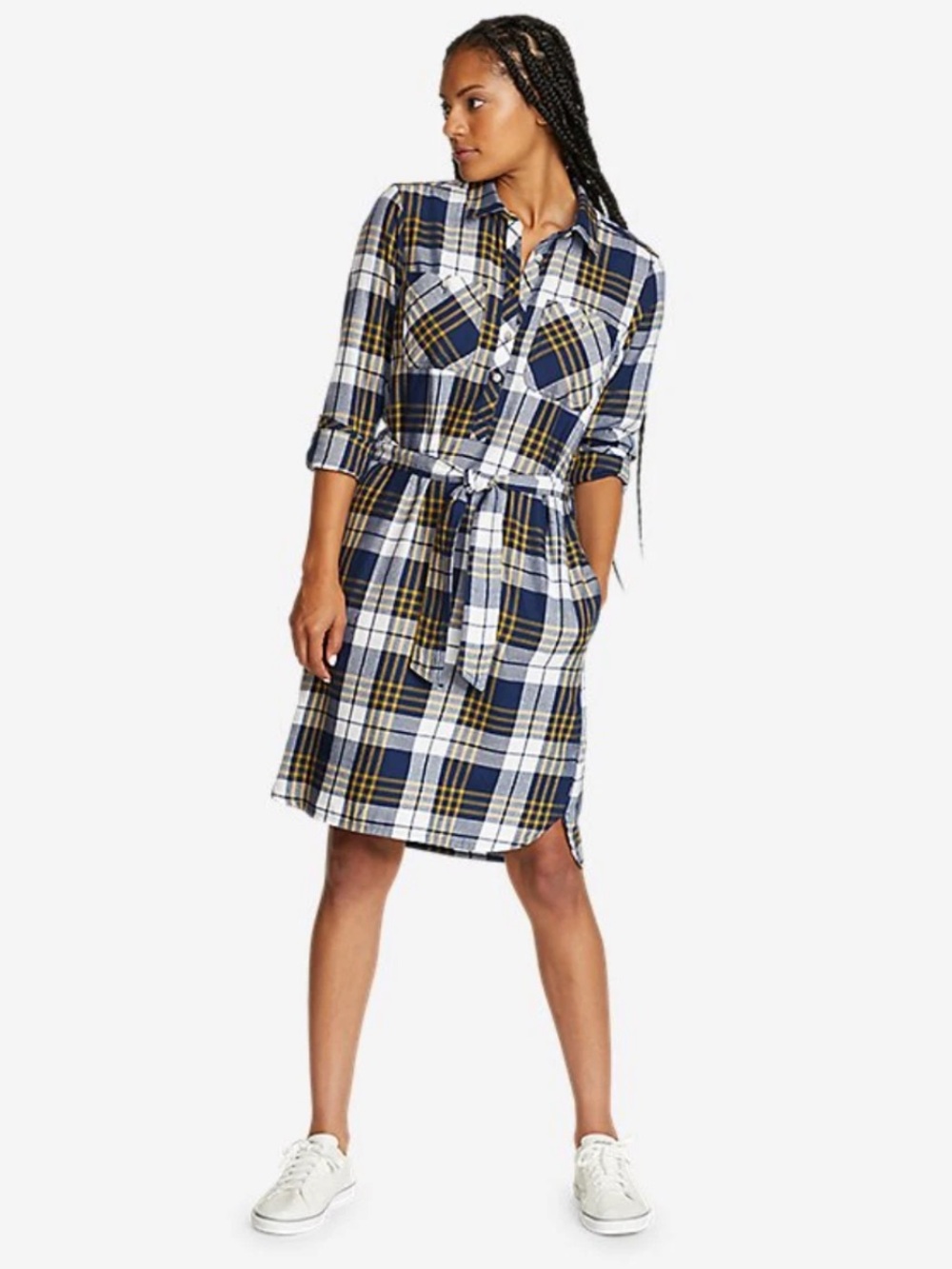 Eddie Bauer Fremont Flannel dress blue yellow checkered plaid buttons casual L